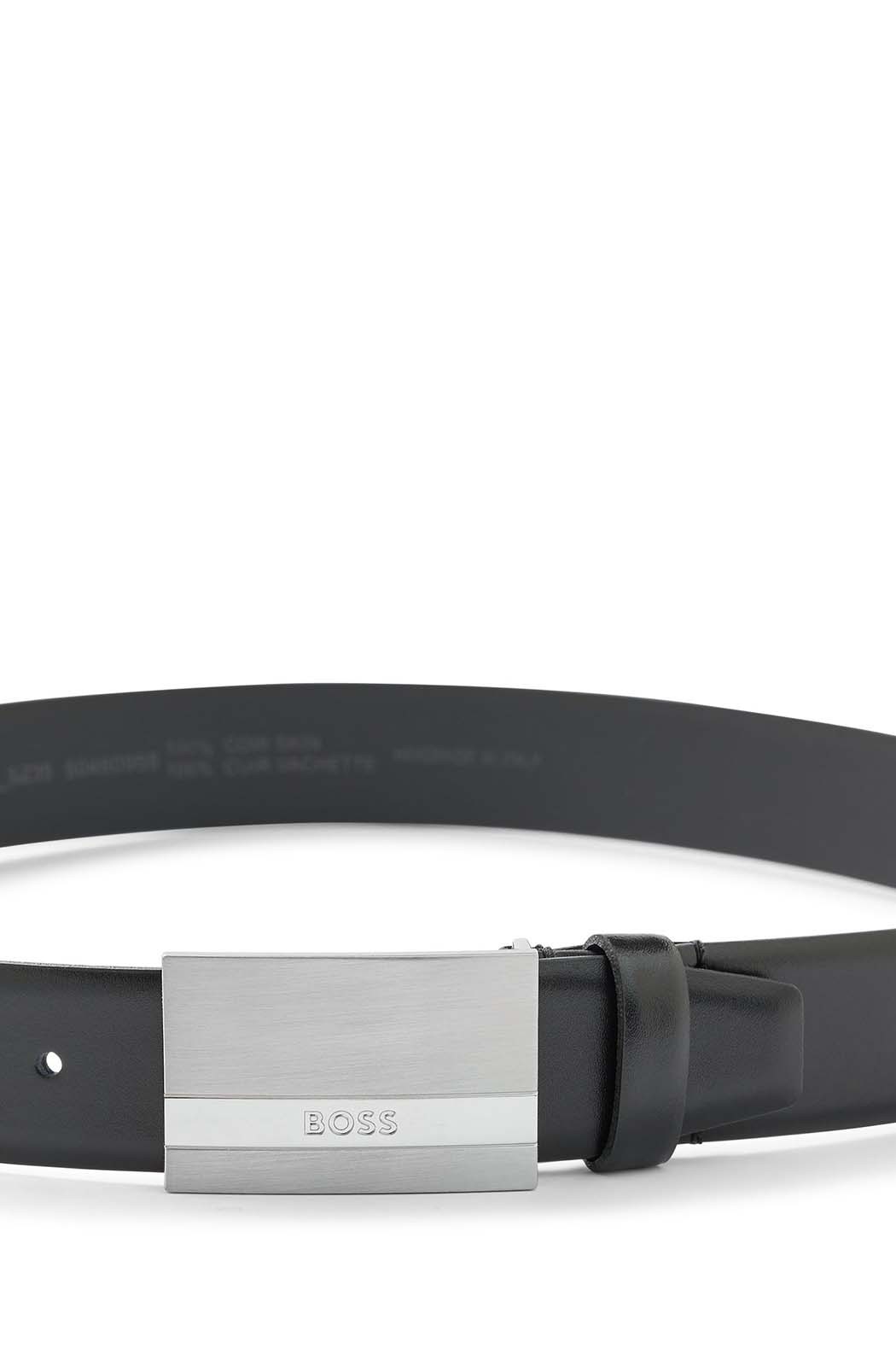 BOSS Men&rsquo;s Black Italian Leather Belt with Buckle and Logo