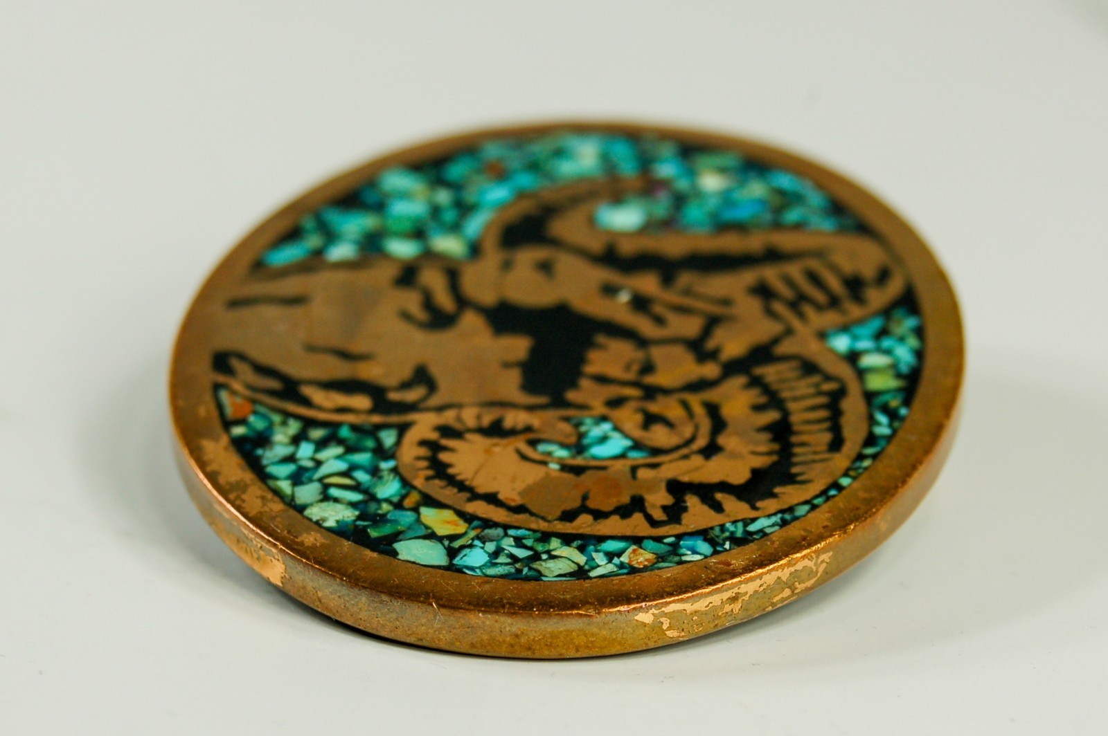 Bighorn Ram brass western belt buckle turquoise inlay vintage Harmony Metal