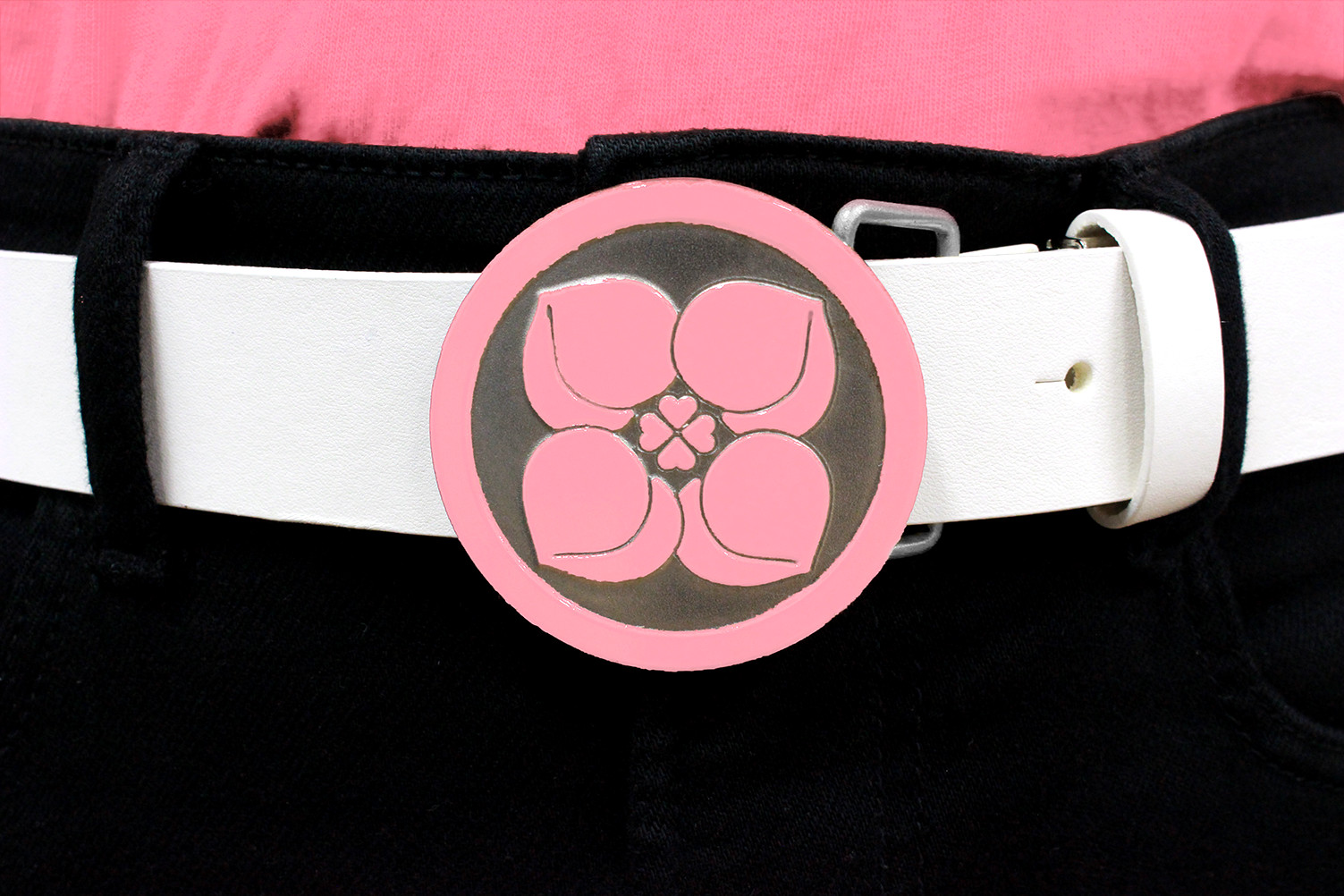Pink Silver Buckle Peach Four Leaf Clover White Belt Japan Ninja Samurai Cosplay