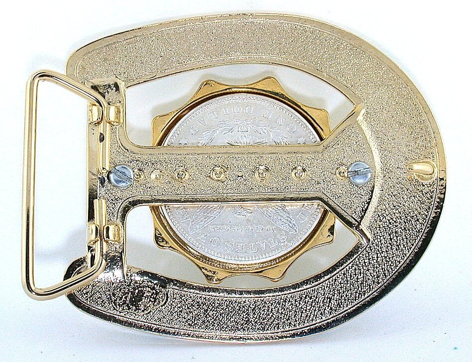 1921 Morgan Dollar Resinated Baby Blue Cabochon Gold Color Horseshoe Belt Buckle