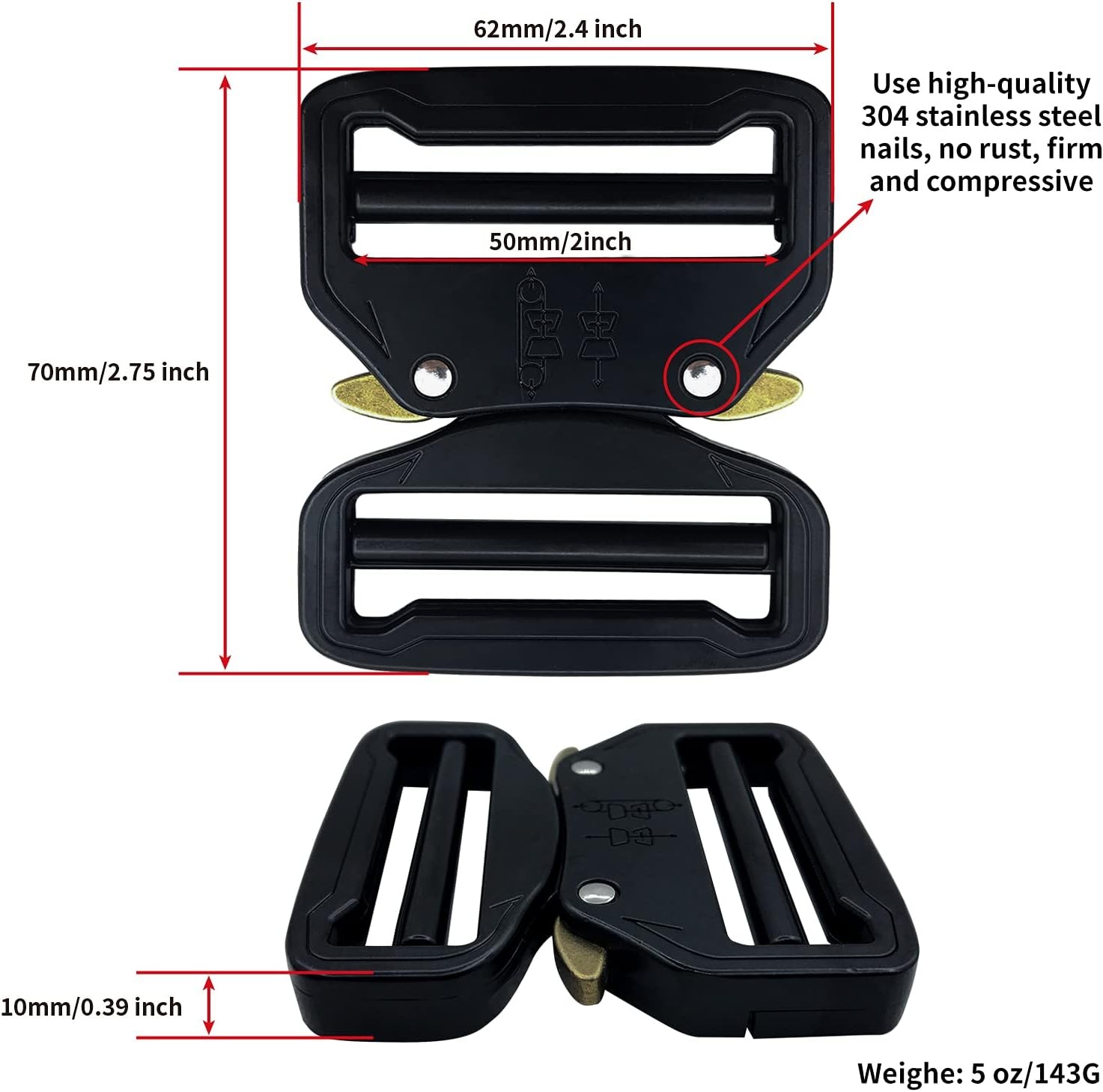 Metal Buckle Dual Adjustable Tactical Belt Buckle,2inch（50mm） Heavy Duty Bel
