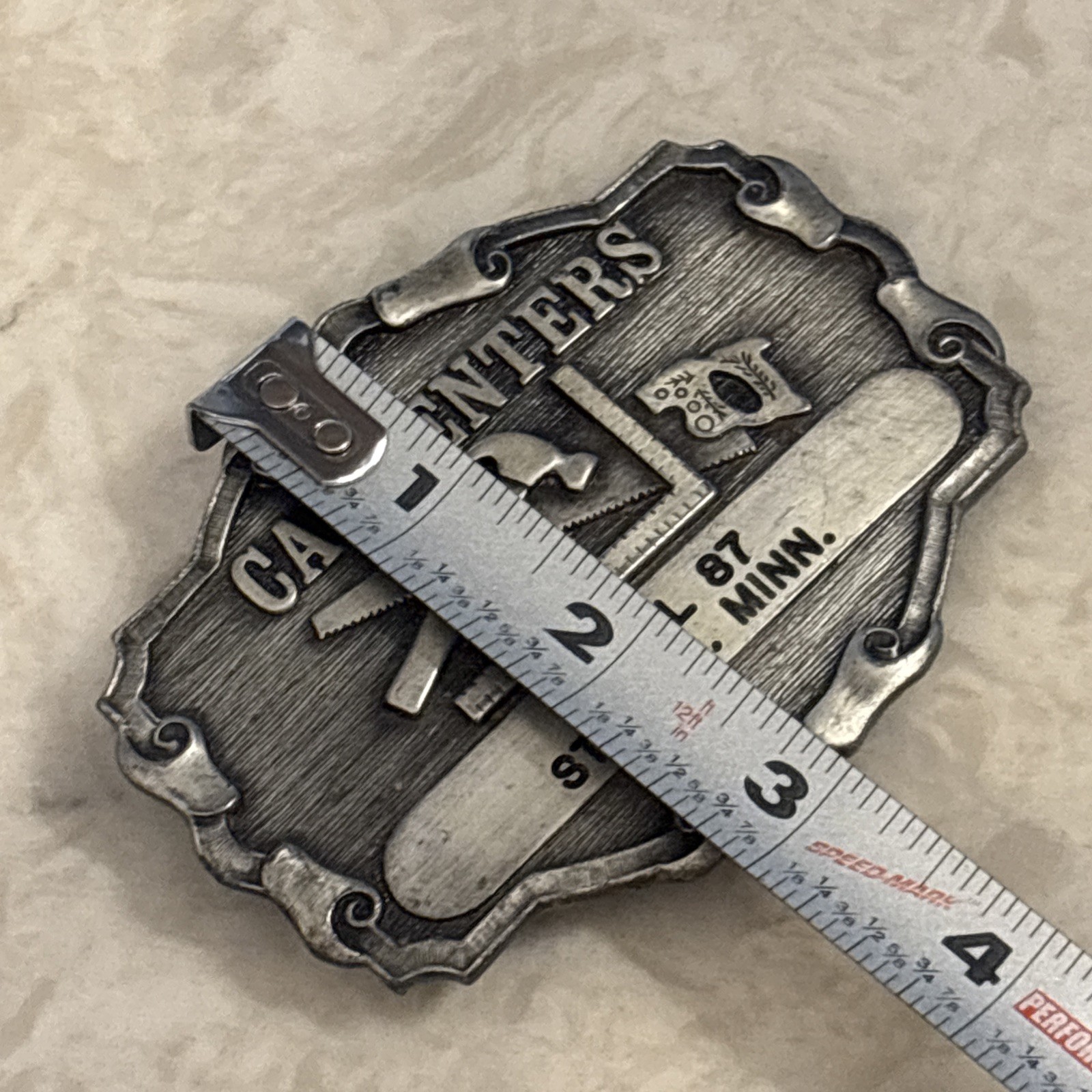 Metal Carpenter Belt Buckle (70’s or 80’s, R&M Industries) Tools Hammer Square