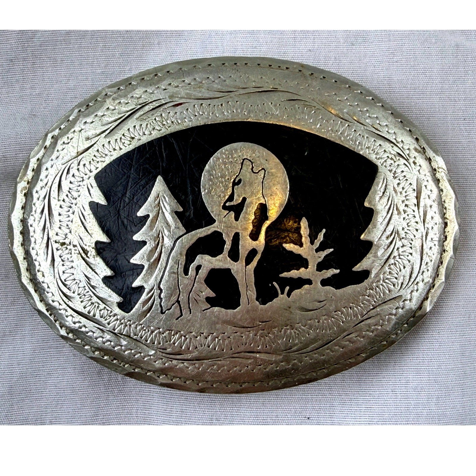 Vintage Howling Wolf Full Moon Western Belt Buckle Black Silver Engraved Cowboy