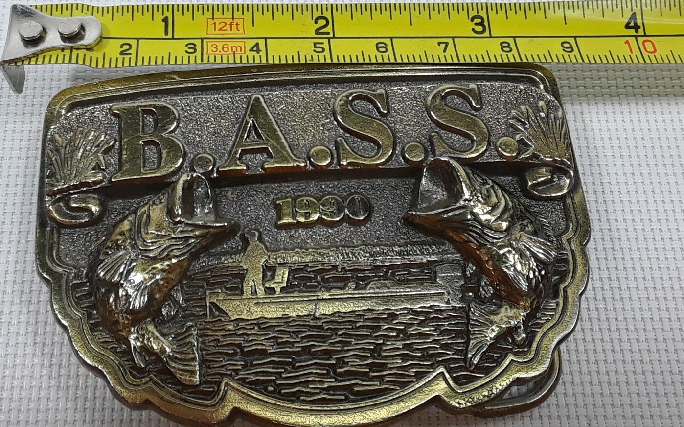B.A.S.S. 1990 BRASS BELT BUCKLE 3-D Bass Lake Fishing Very Nice! Angler Proshop