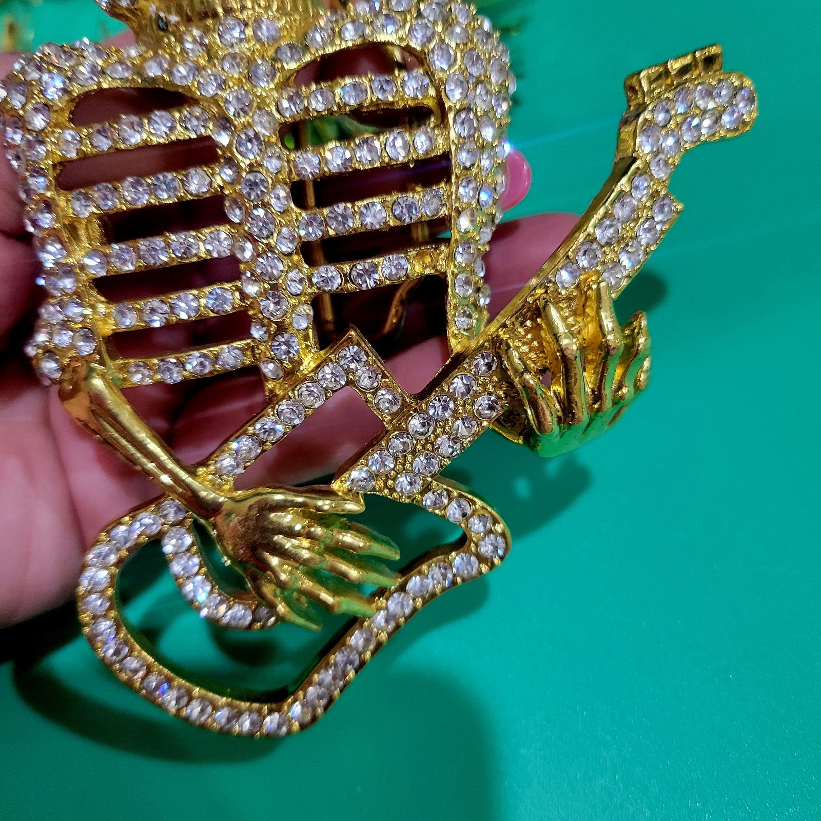 Skeleton Playing Guitar Belt Buckle Rhinestone Studded Gold Tone 4.5x 3.5 inches