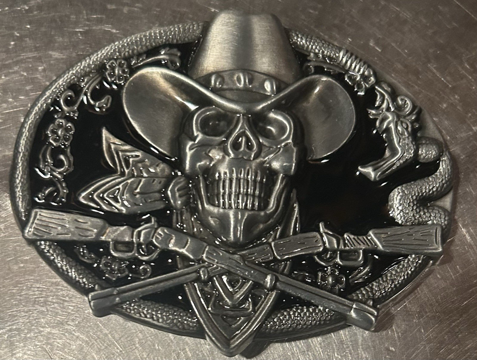 New Western Skull W Hat & Crossed Rifles Metal Onyx Black Enamel Belt Buckle