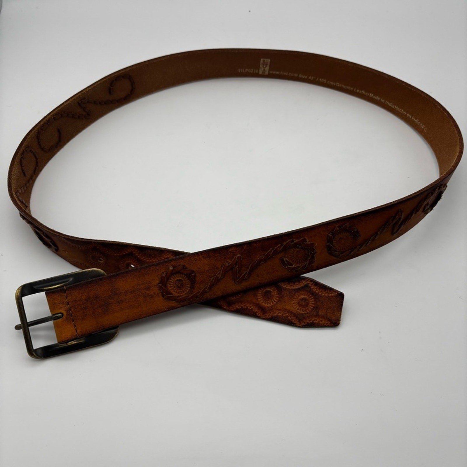 Levi’s Men’s Tooled and Braided Stitched Brown Leather Belt Western Hippy