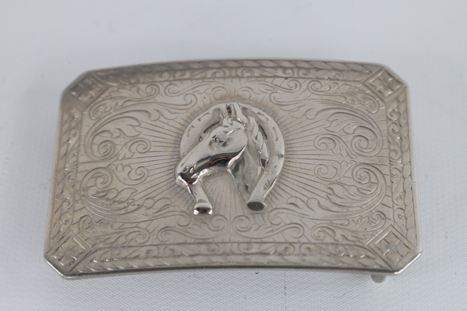 Vtg 90s Rockabilly Nickel Plated Horse Equestrian Horseshoe Belt Buckle Silver