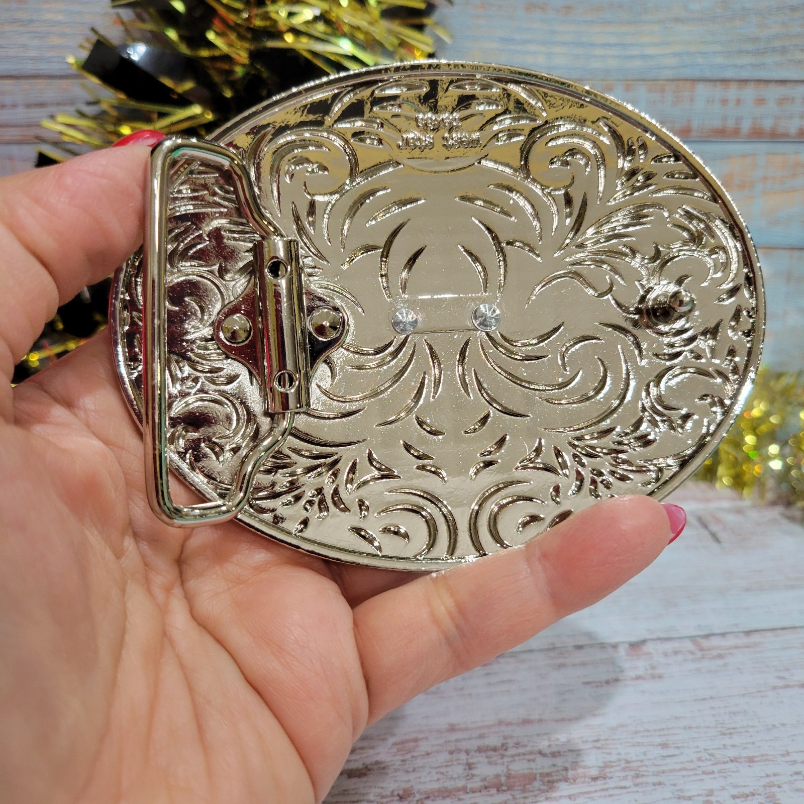 Cross Western belt Buckle Silver Oval Religious Gift Item With Blue Accents
