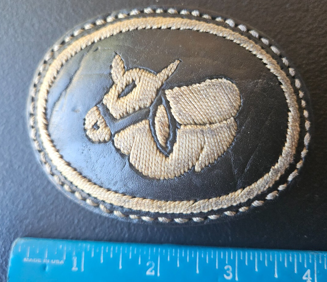 BULL IMAGE. GENUINE LEATHER . EBROIDERED BELT BUCKLE. WHITE ON DARK LEATHER