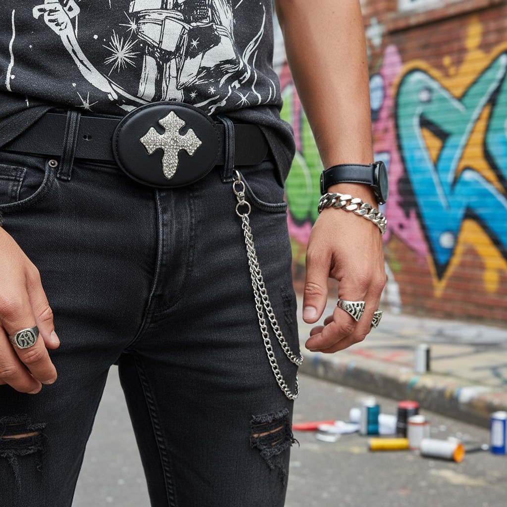 Men Women Fashion Black Oval Belt Buckle Silver Metal Bling Cross Religious Look