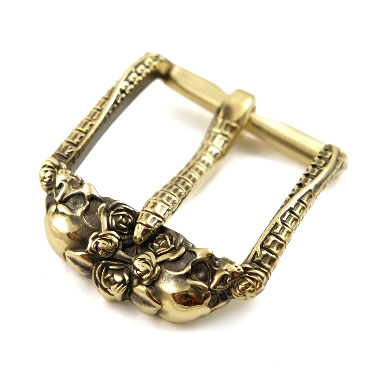 Brass belt buckle Skulls and Roses, pin type Rectangular belt buckle with skulls