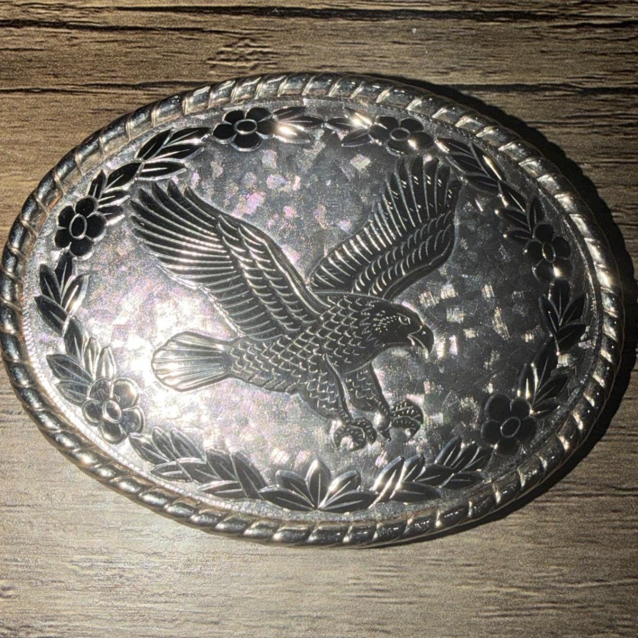 Western Belt Buckle Silver Tone Soaring Eagle Floral Oval Vtg W Made in USA Lg