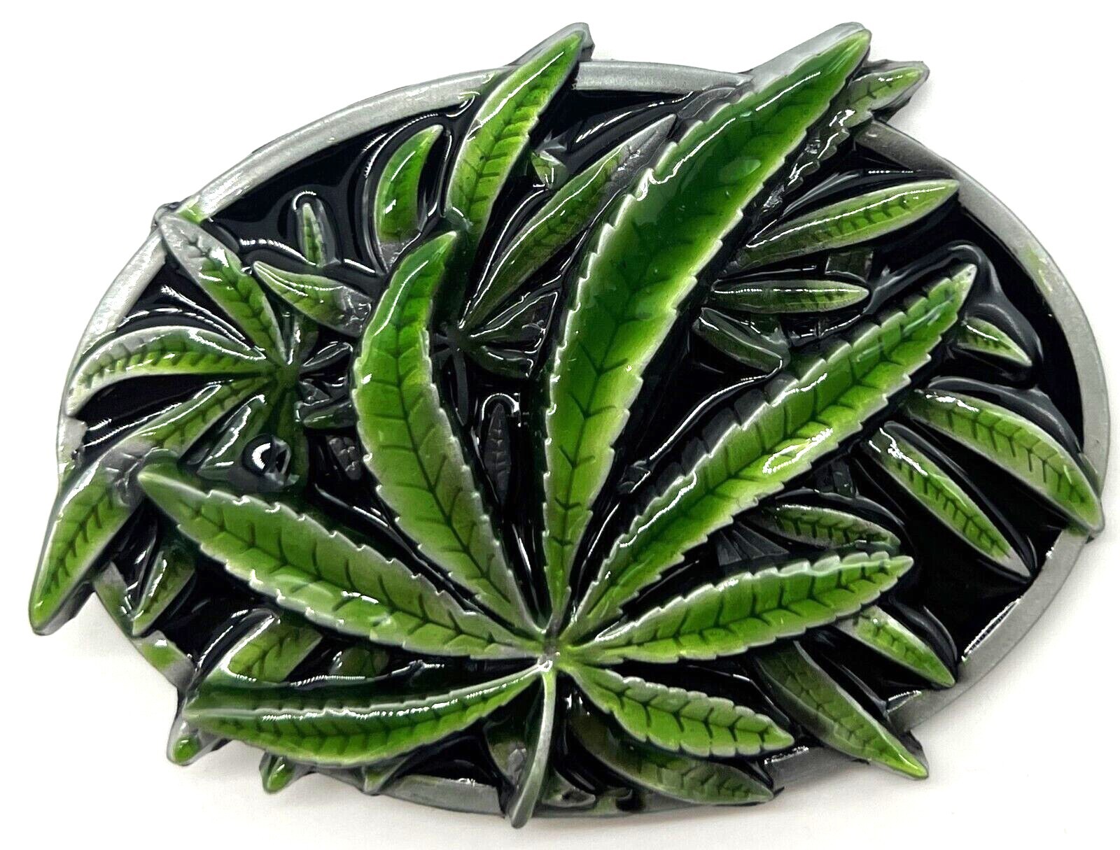 Cannabis Pot Leaf Buds Green & Black Enameled Belt Buckle New