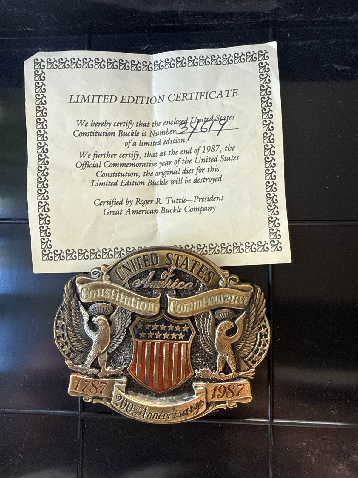 Constitution 200th Anniv 1787-1987 Commemorative Buckle COA