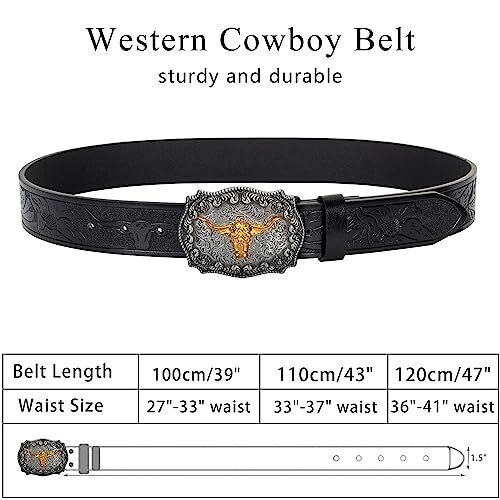 Mens-Western-Cowboy-Belt – Longhorn-Bull-Pattern Fit Waist 31-34 in Black