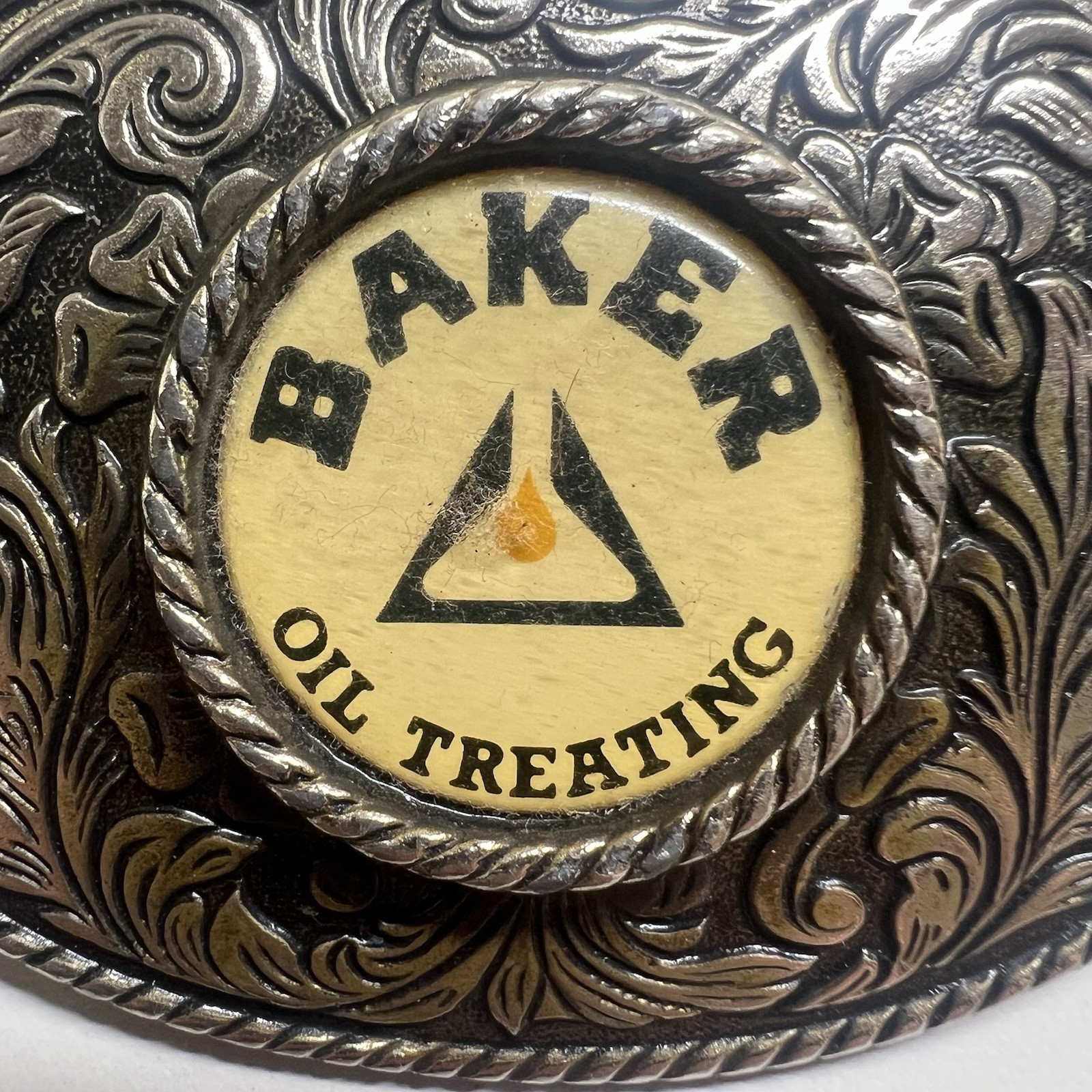 Baker Oil Treating Belt Buckle Vintage Western Floral Oval Silver Tone