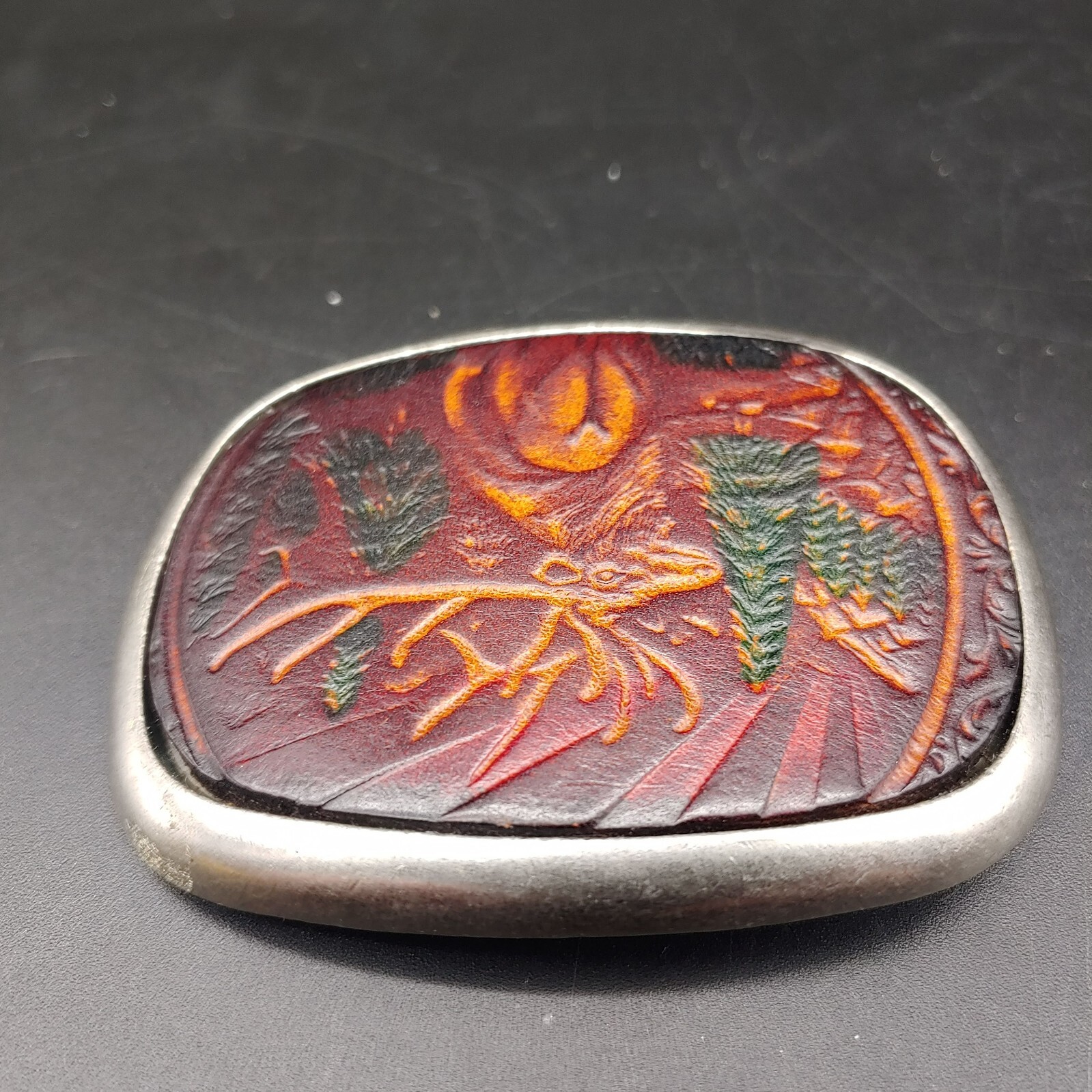 Tooled Leather Wildlife Elk in Metal Belt Buckle