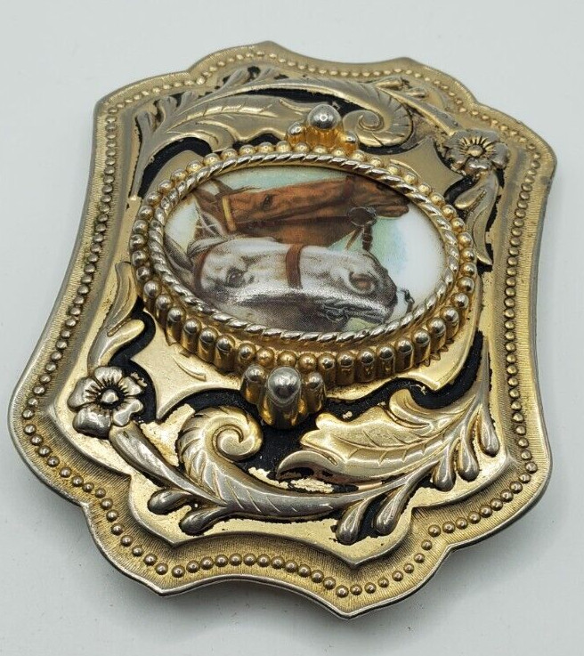 Vintage Two Horse Head Cameo Belt Buckle Equestrian Racing