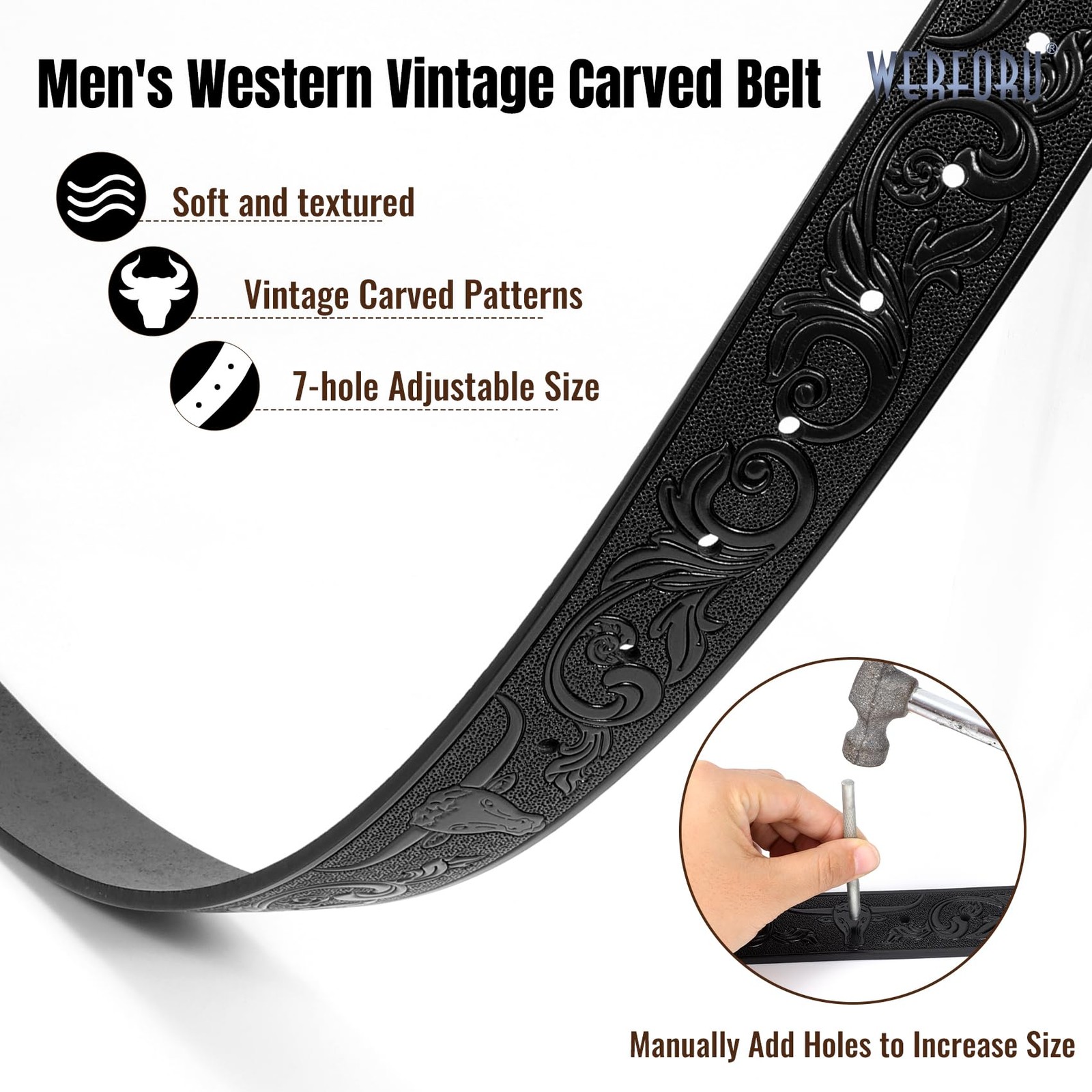 WERFORU Western Leather Belt Strap for Men Women Fit Size 33&Prime;-37&Prime;, A-black