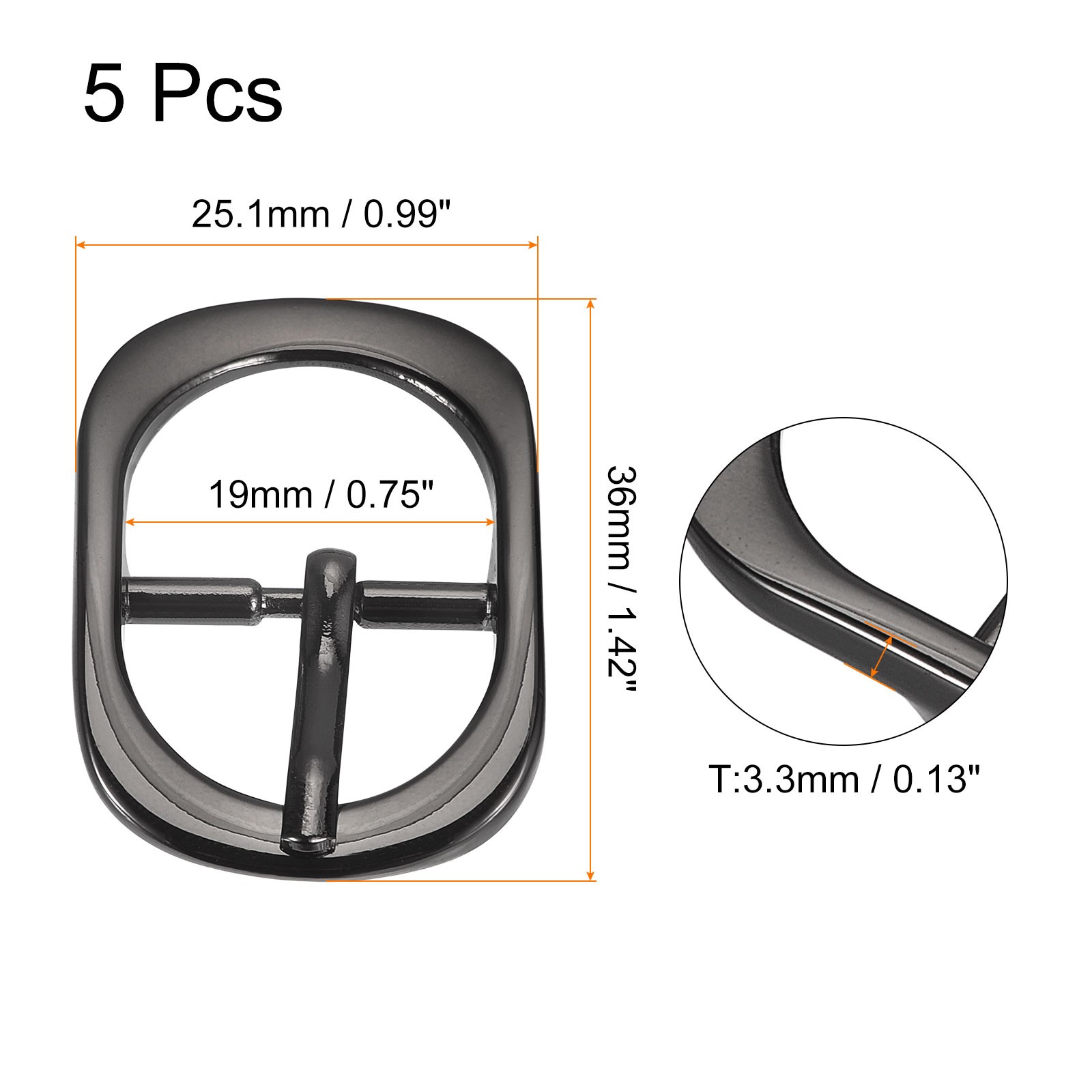 5Pcs 0.75&Prime; Single Prong Belt Buckle Oval Center Bar Buckles for Belt, Black