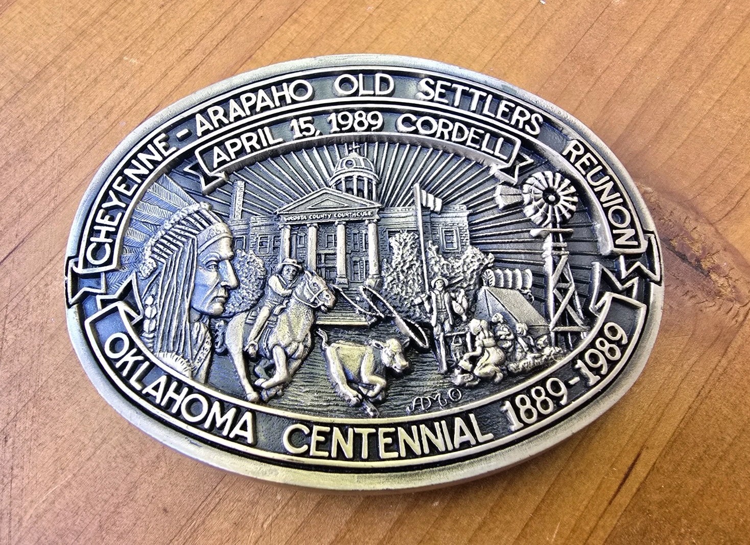 ​1989 Cheyenne Arapaho Settlers Reunion Oil Rig Brass Belt Buckle Gas Cordel OK