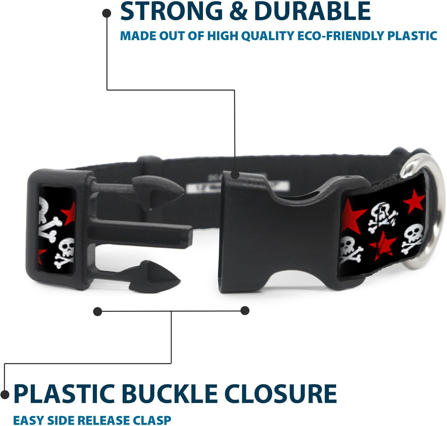18-32&Prime; Skulls & Stars Black/White/Red Plastic Clip Collar, Wide Large