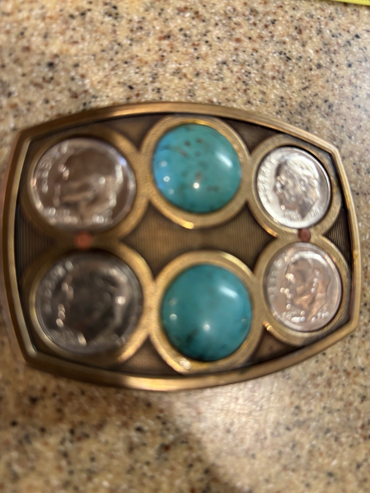 Vintage Coin Dimes Belt Buckle ‘67, ‘68, ‘72, ‘76 Turquoise And Copper Inlay