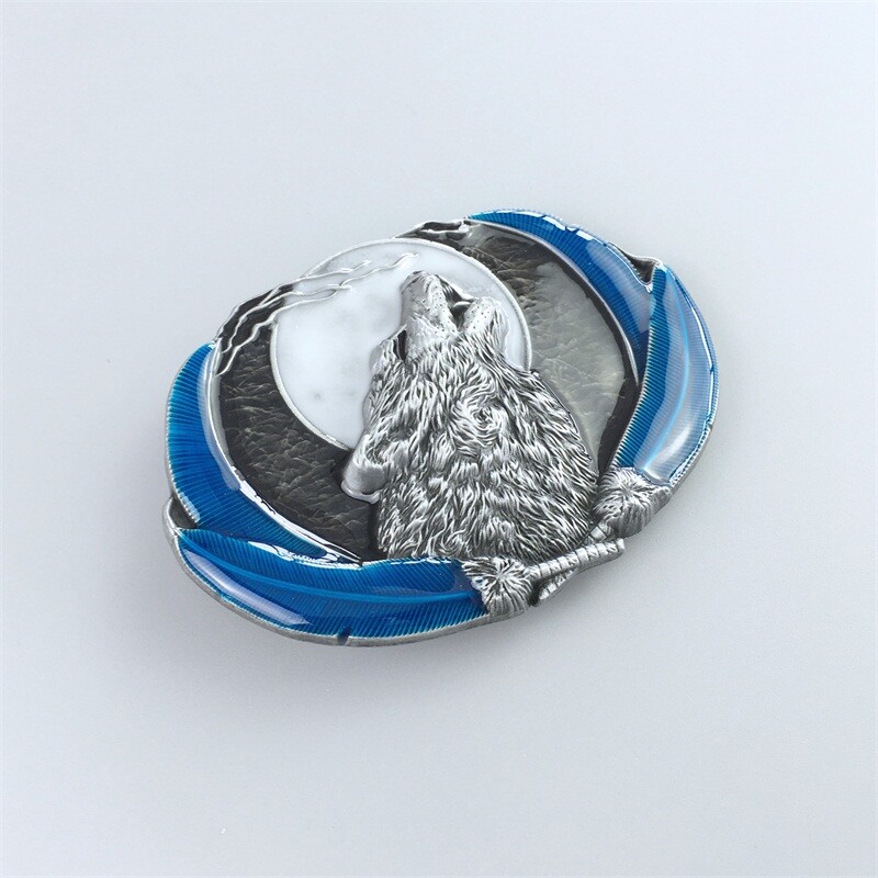 Blue Enamel Western Wolf Moon Oval Belt Buckle also Stock in the US