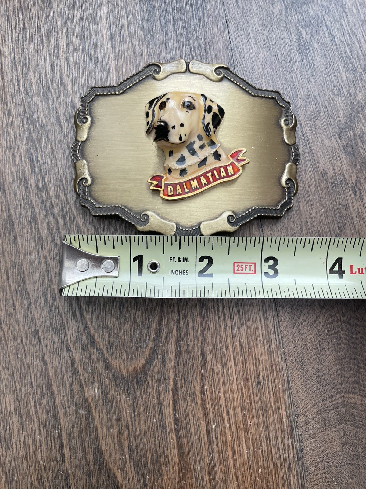 Vintage Raintree Belt Buckle Metal Or Brass 3D Enamel Dalmatian Dog Made USA