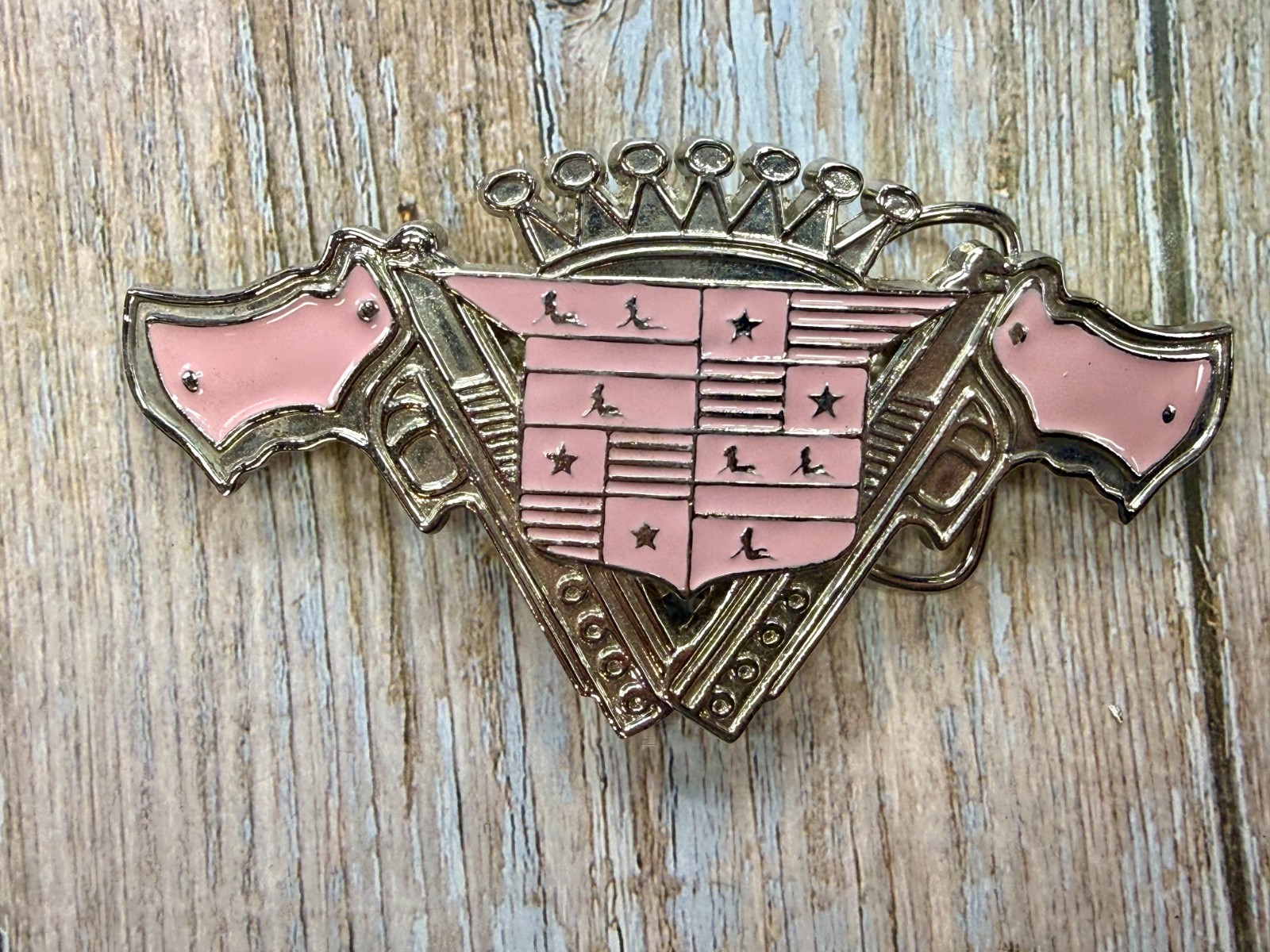 Guns Crown Shield Trucker Cadillac Grill Pink Enamel Belt Buckle Bottle Opener