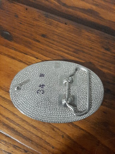 Belt Buckle Silver Metal with White Design Good Condition