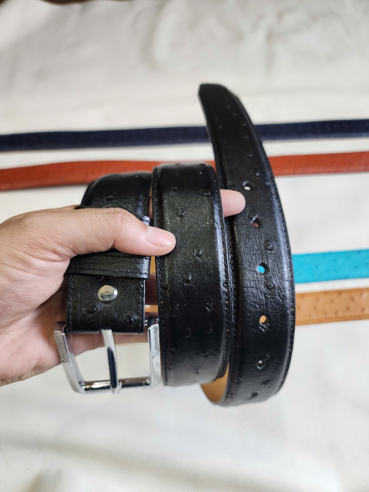 3.8CM Black 100% Genuine Body Ostrich Leather Skin Mens Belt Buckle- Handmade