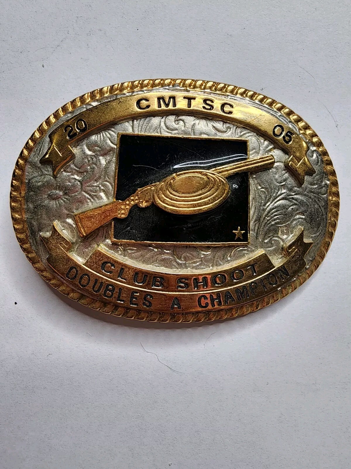 Cheyenne Trap And Shoot Club Trophy Belt Buckle 2005 Singles Vet Skeet Champion