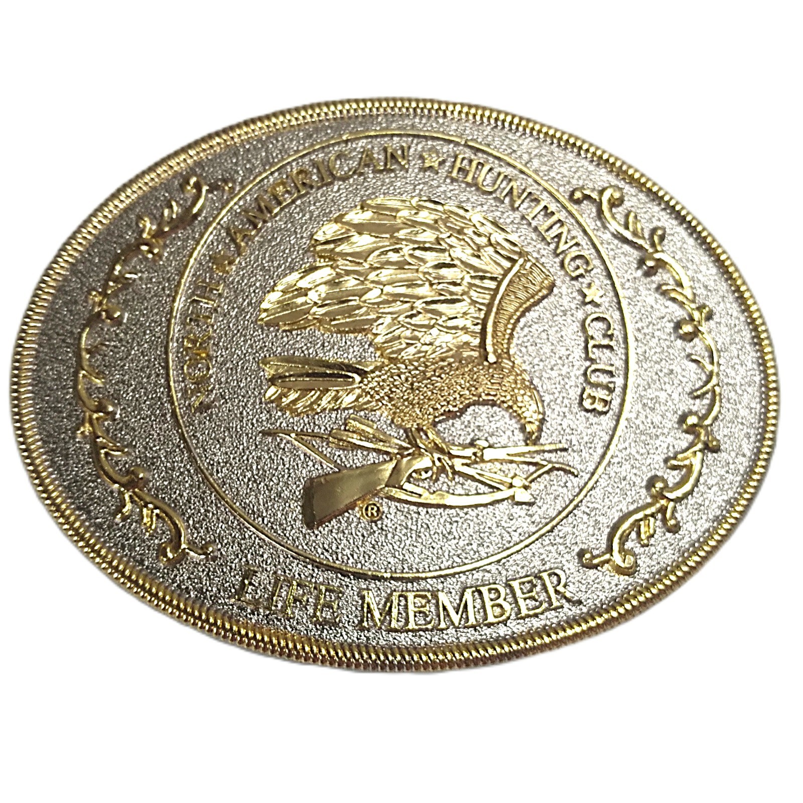NORTH AMERICAN HUNTING CLUB Belt Buckle Gold & Silver Tone Eagle Bow Arrow Rifle