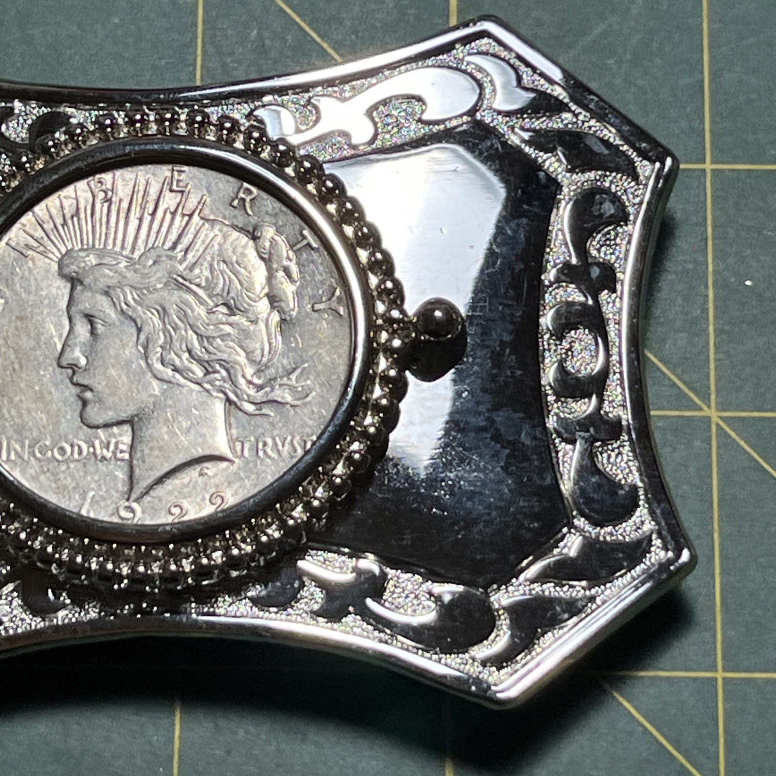 1922 vintage PEACE silver dollar WESTERN belt buckle COIN american RODEO cowboy