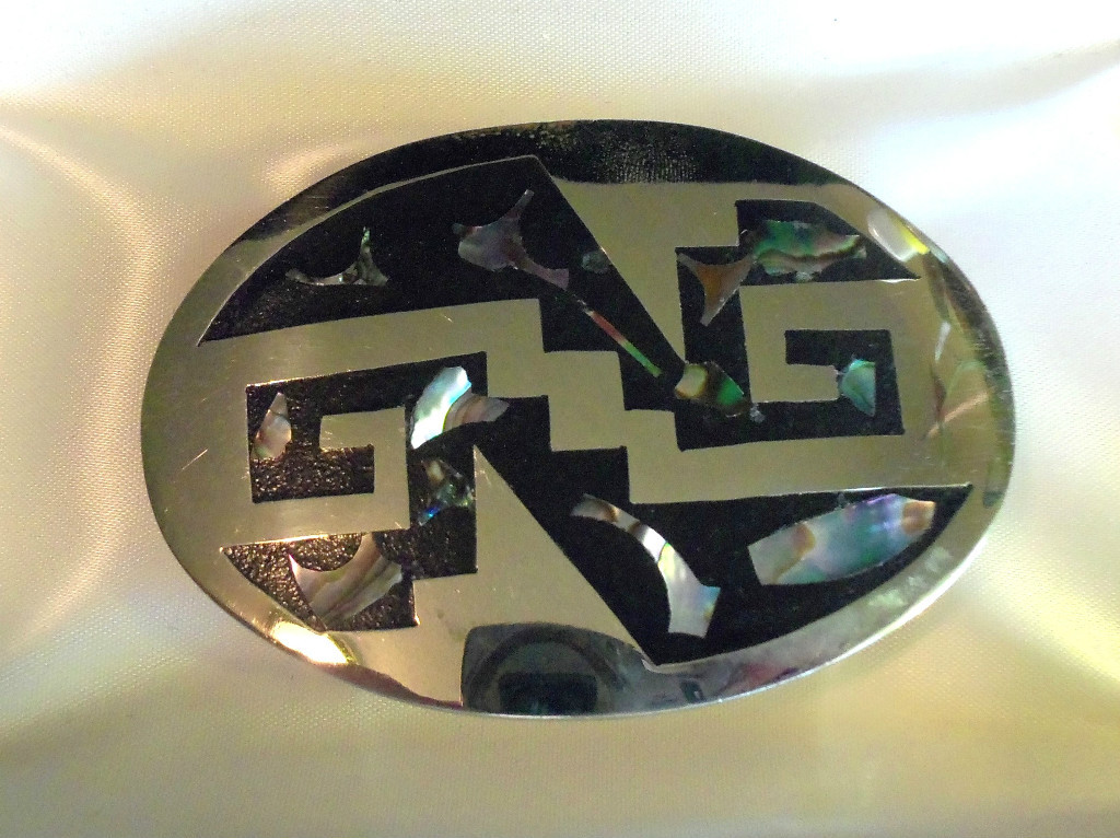 MEXICO Signed ABALONE MOTHER OF PEARL OVAL BELT BUCKLE VINTAGE