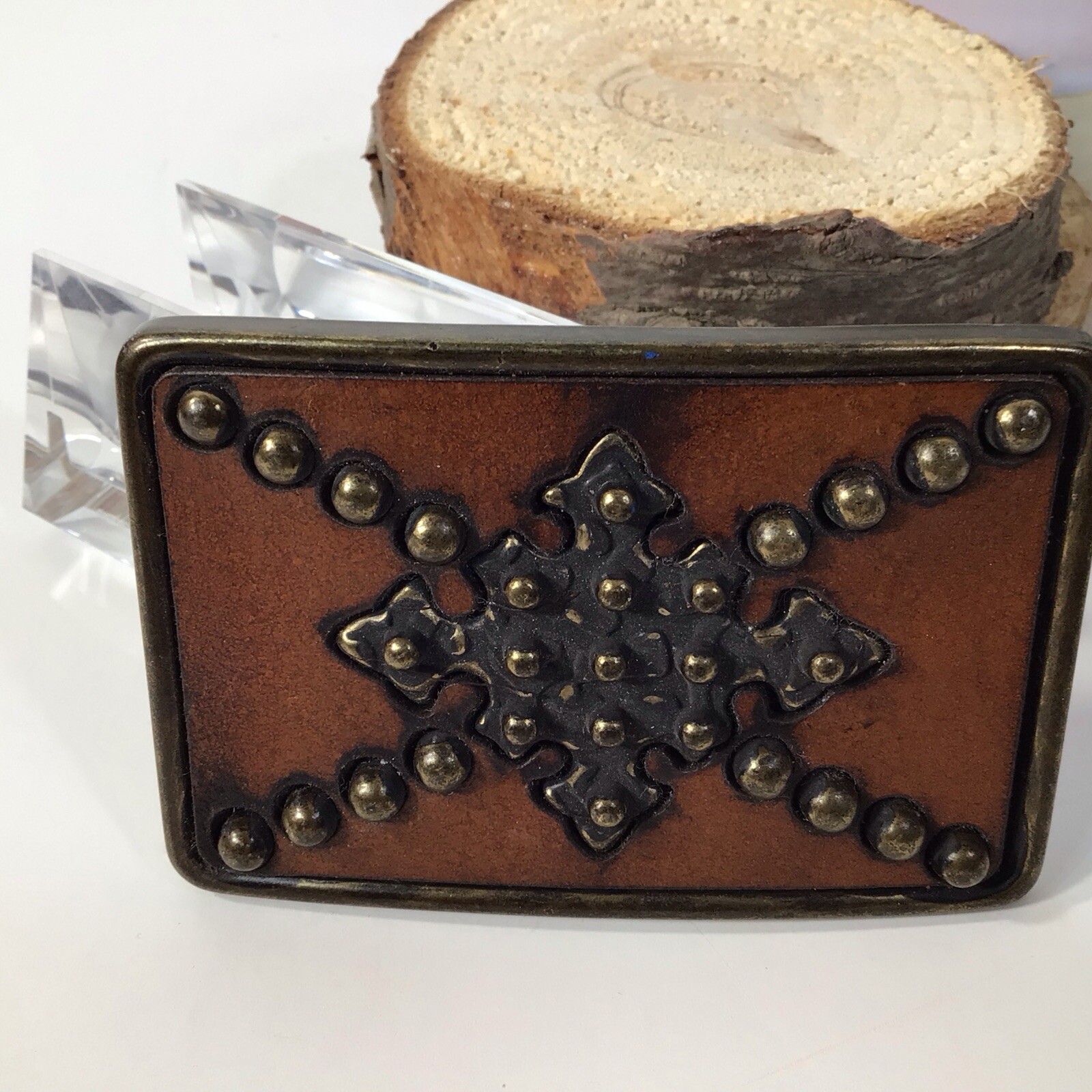 Brass Leather & Studs Belt Buckle~Brown/ Gold Handcrafted ~UNIQUE ~FREE SHIPPING