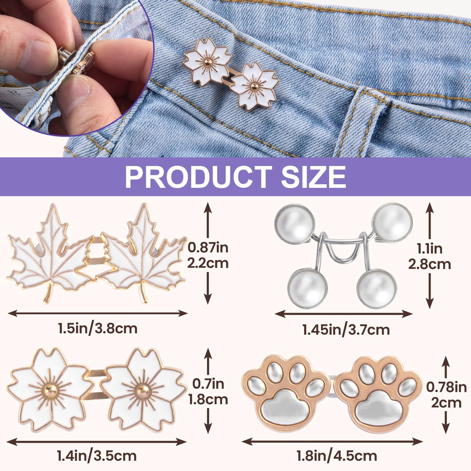Winsyison 4pcs Pant Waist Tightener, Adjustable White & Silver