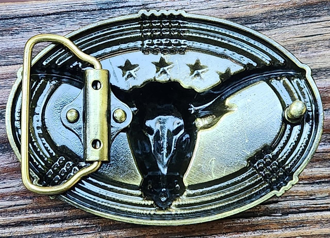 NEW BULL HEAD LONG HORN GOLD BRONZE STARS WESTERN COWBOY RODEO BELT BUCKLE