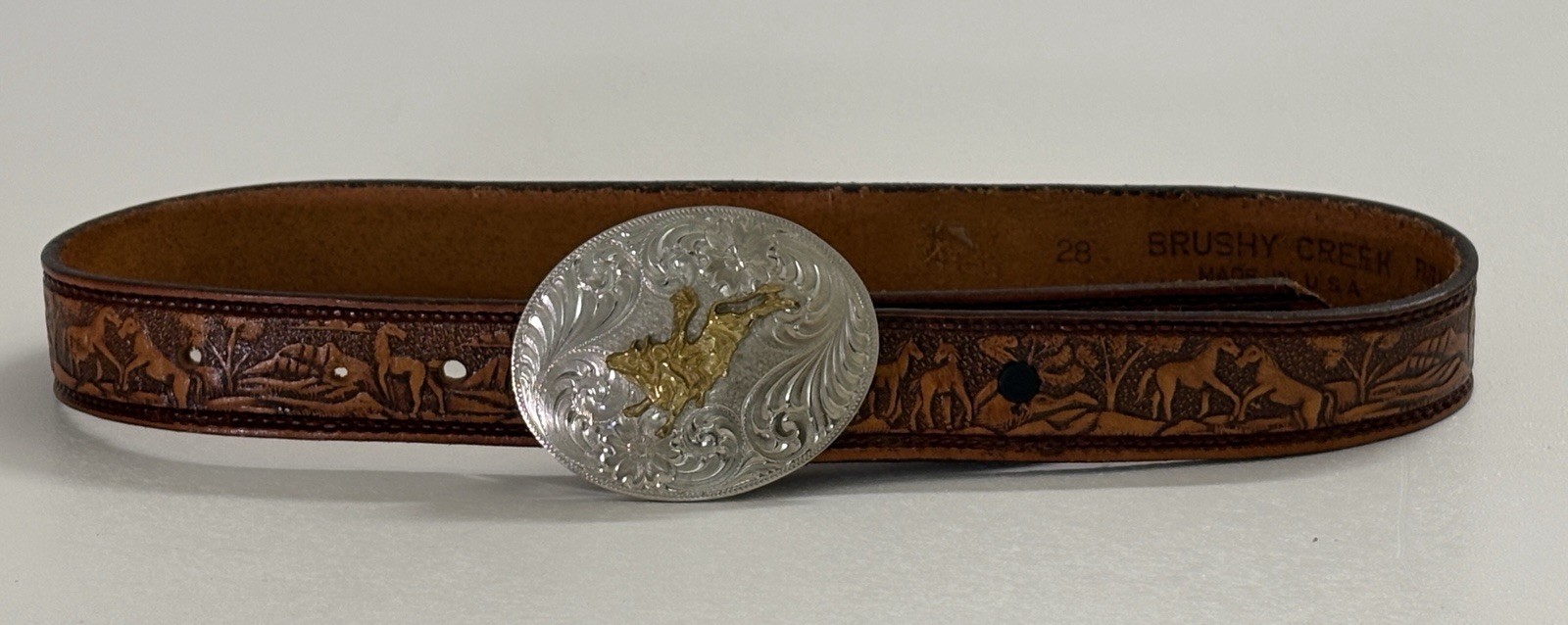 VTG Montana Silversmiths Bull Rider Buckle w/ Brushy Creek Leather Belt 28