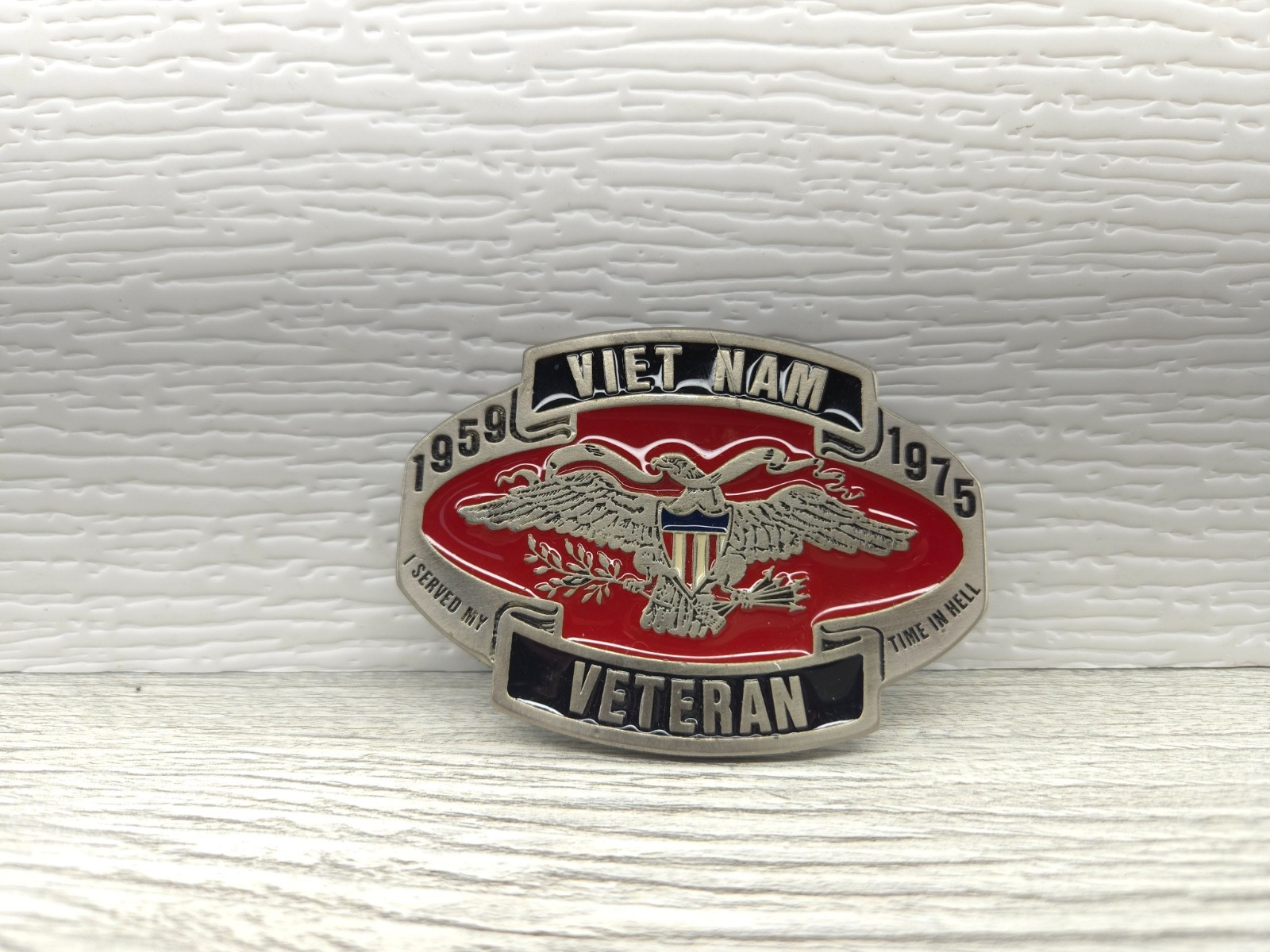 Vietnam Veteran Belt Buckle Eagle Red Enamel 1959–1975 Military Commemorative
