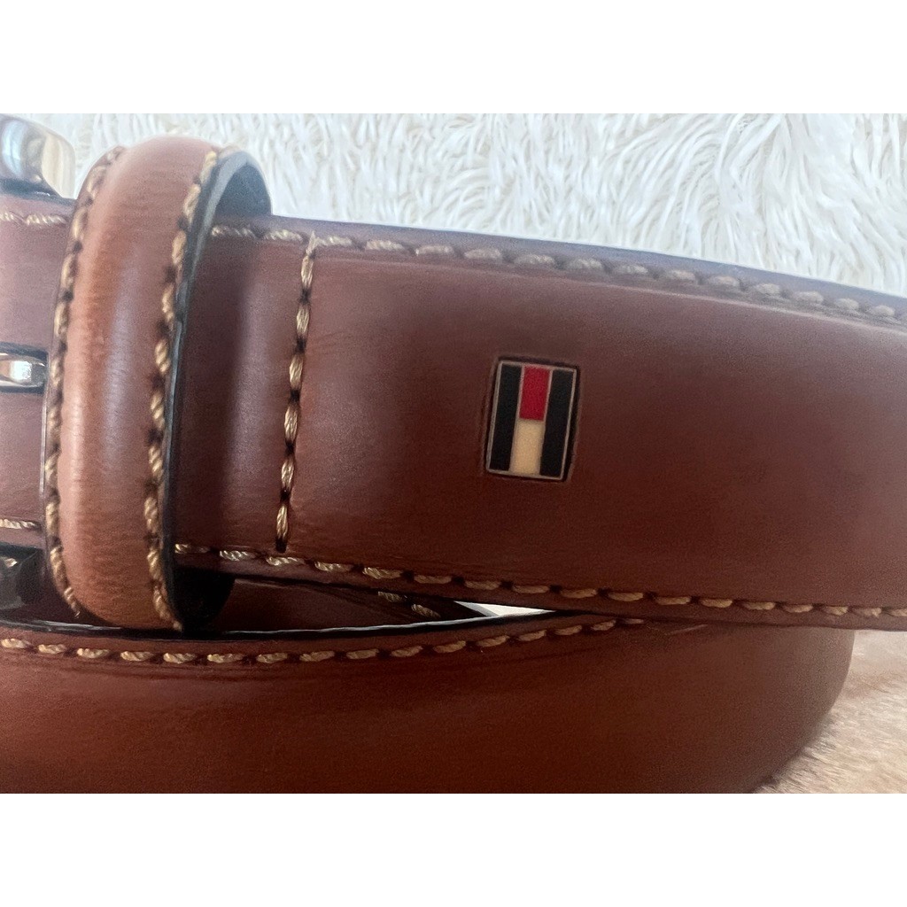 Tommy Hilfiger Brown Leather Belt Silver Buckle Stitched Casual Dress Size 40