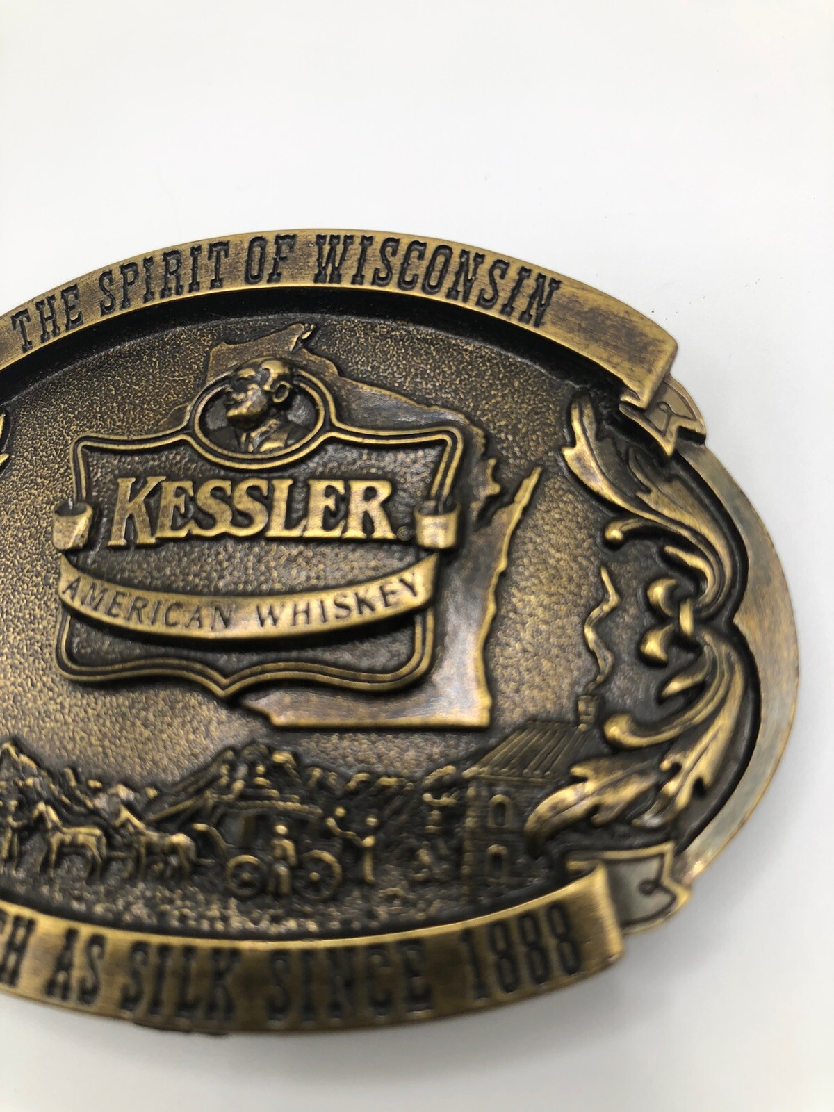 Vintage Belt Buckle Kessler Whiskey Spirit of Wisconsin Solid Brass Western