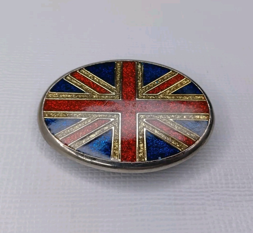 British Flag Belt Buckle Union Jack Glitter Enamel On Silver Tone Metal