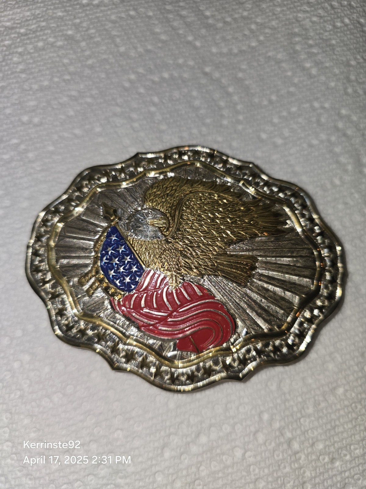 VTG Crumrine American Eagle Flag Belt Buckle Heavy Silver Plate/Bronze USA Shiny