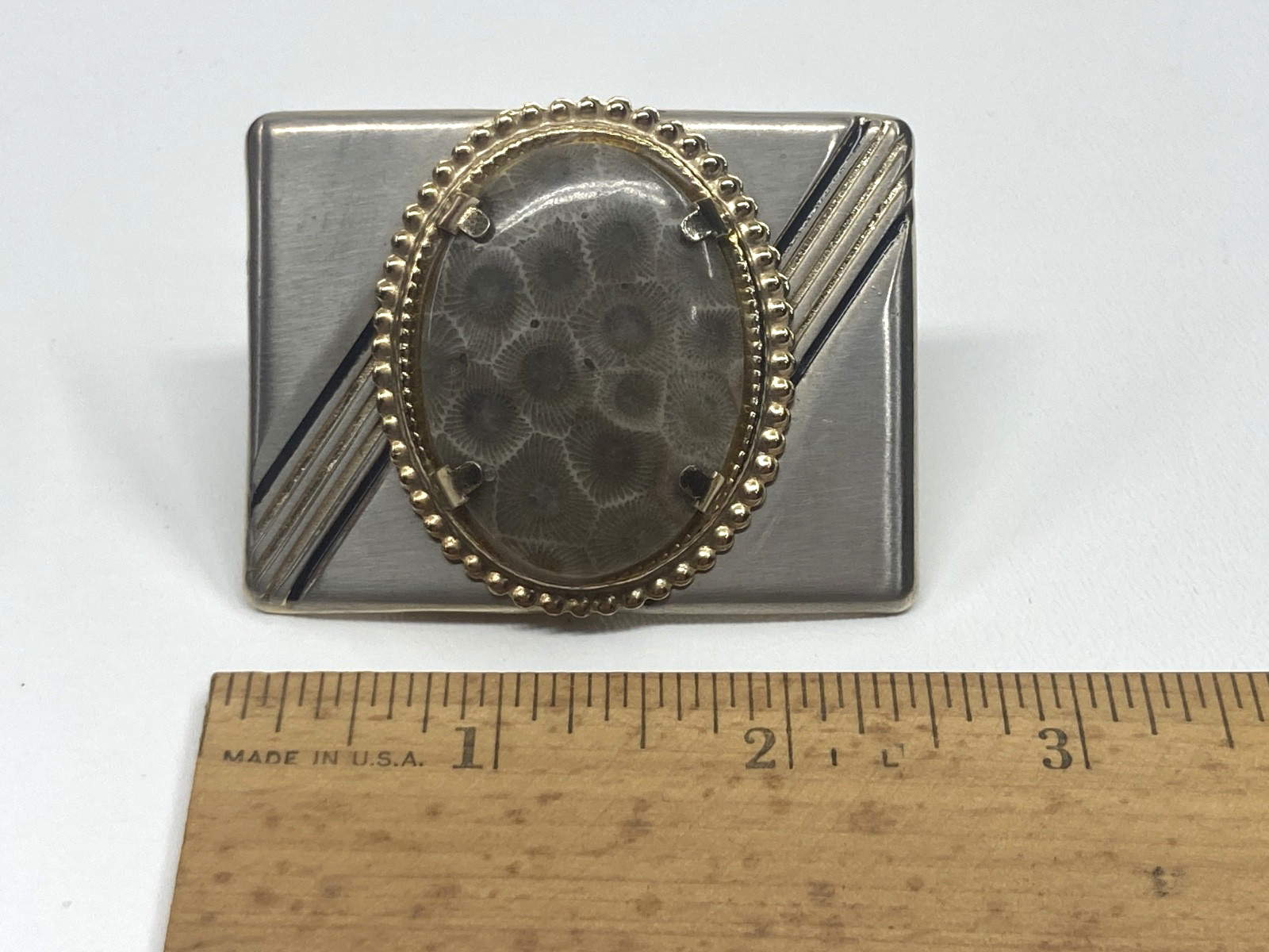 Vintage MCM Polished Oval Petosky Stone Gold & Silver -Toned Belt Buckle