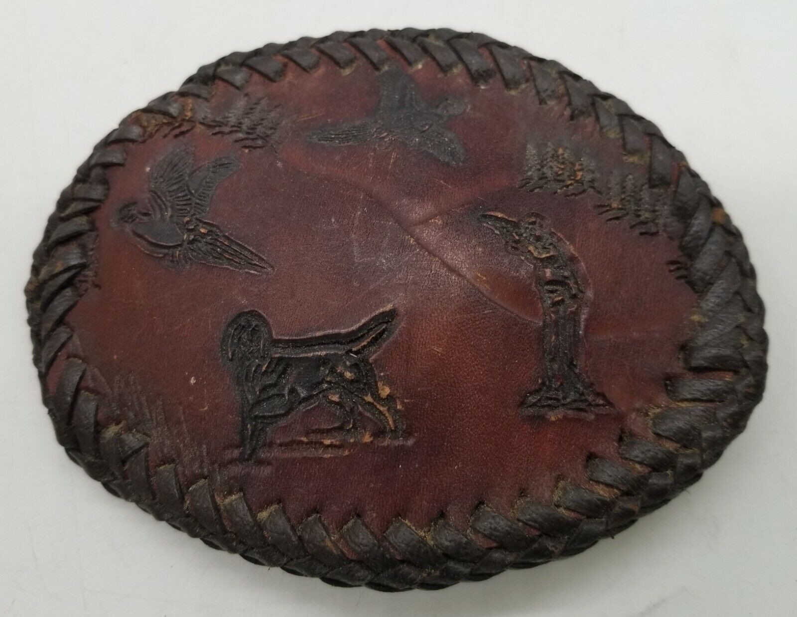 Handmade Handtooled Leather Belt Buckle – Game Bird Pheasant Hunting Bird Dog