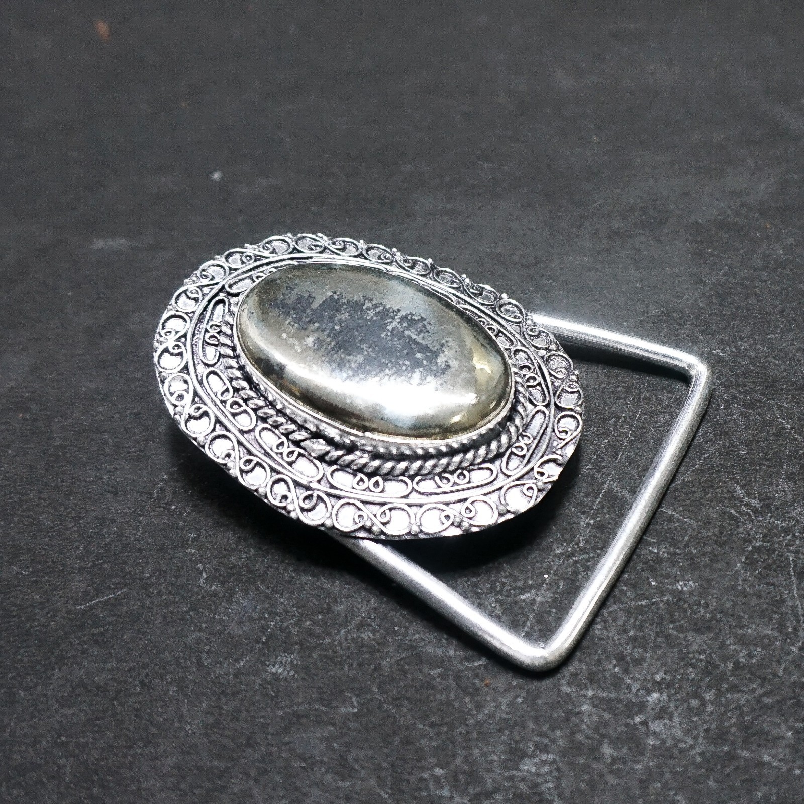Handcrafted 925 Sterling Silver Natural Pyrite Oval Cabochon Belt Buckle