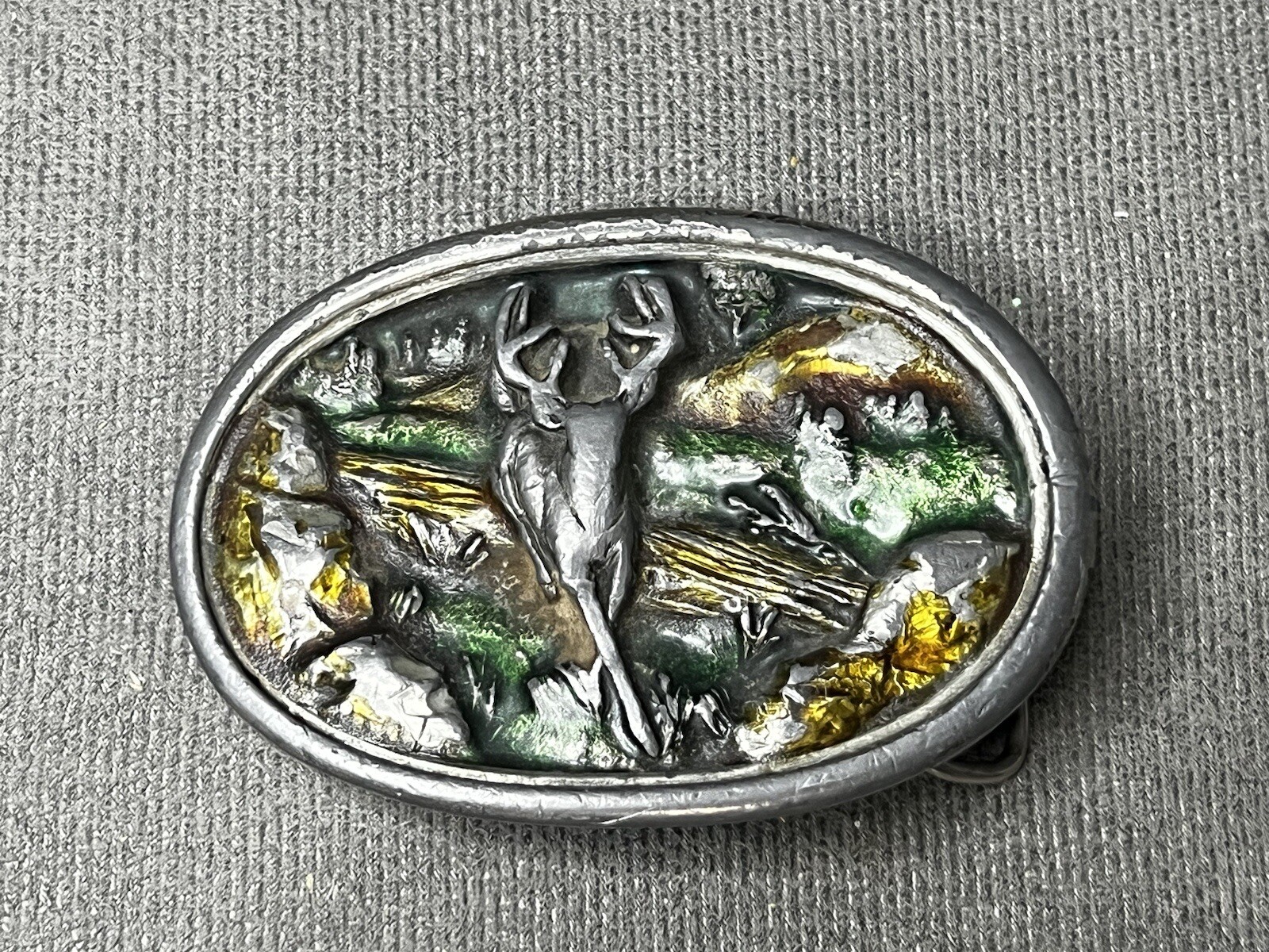 VTG Belt Buckle Bergamot 1983 Deer Buck Hunting Forest Enamel Colors Has Wear